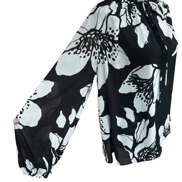 H&M Black & White Floral Sheer Ruffle Tie Neck Long Sleeve Blouse Large - Picture 3 of 6